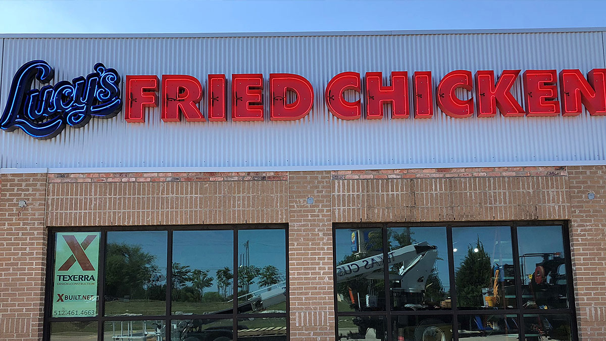 Lucy's Fried Chicken neon sign in Cedar Park, Texas