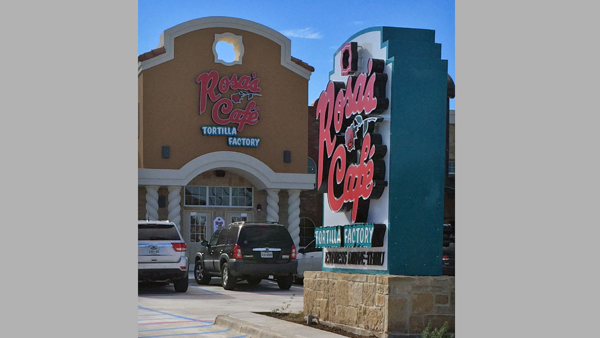 Rosa's Cafe Sign built and installed by Texas Custom Signs